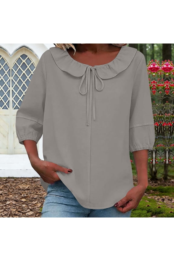 Women's Linen Ruffle Puff Sleeve Top with Drawstring Waist for Spring and Summer