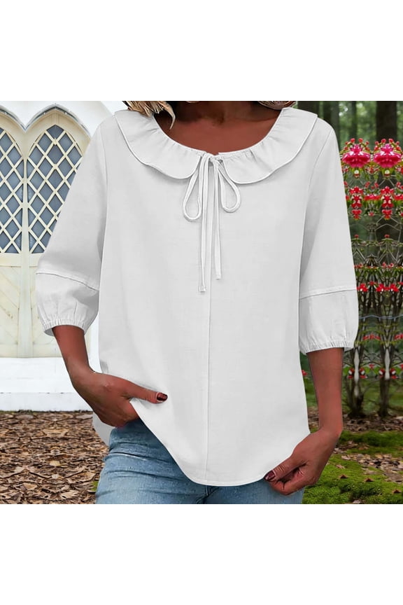 Women's Linen Ruffle Puff Sleeve Top with Drawstring Waist for Spring and Summer