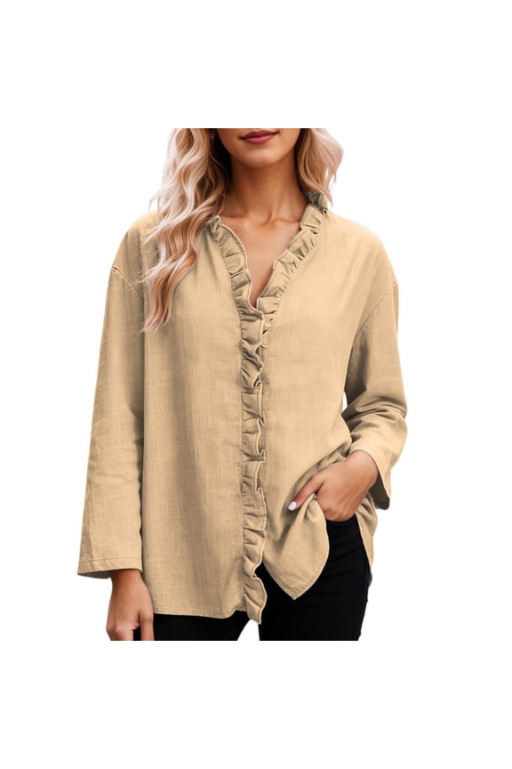 Women's Linen Ruffle Trim Blouse Boxy Summer Long Sleeve V Neck Tunics Roomy Solid Color Cotton Linen Tops