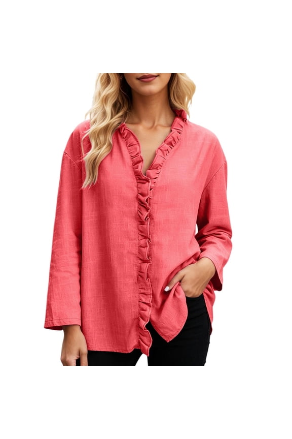 Women's Linen Ruffle Trim Blouse Boxy Summer Long Sleeve V Neck Tunics Roomy Solid Color Cotton Linen Tops
