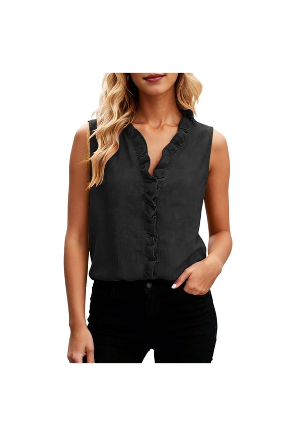 Women's Linen Ruffle Trim Tank Top Boxy Summer Sleeveless V Neck Tunics Roomy Solid Color Cotton Linen Blouse