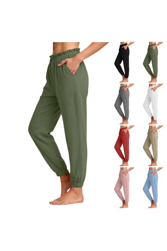 Women's Linen Ruffled High Waist Joggers Casual Drawstring Pants with Side Pockets Comfy Loungewear Trousers Green XXL