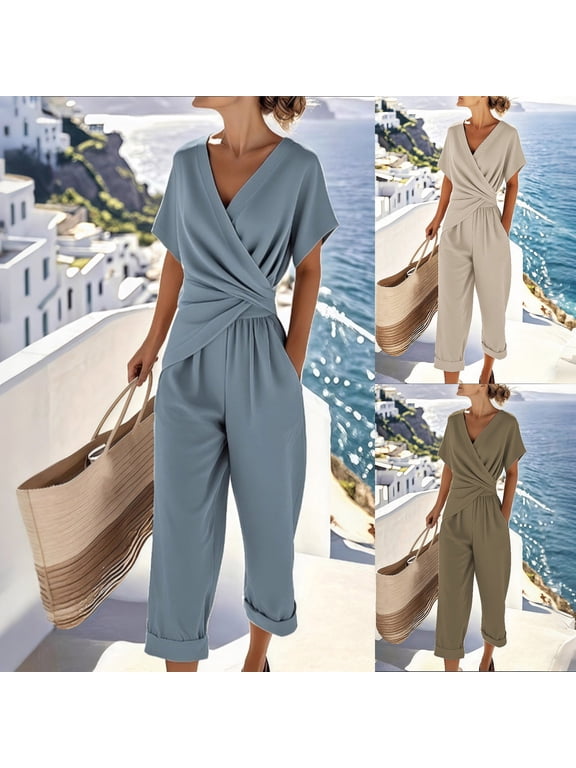 Women's Linen Set – Solid Color V-Neck Waist-Defined Ruffle Short Sleeve Top and Cuffed Pocket Pants, Size S-4XL