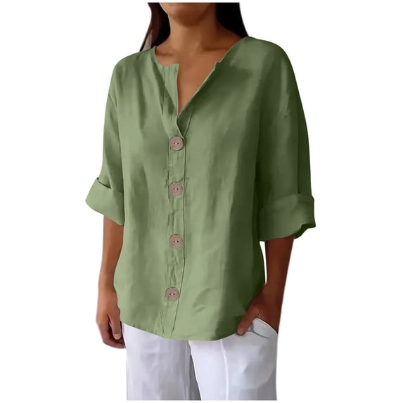 Women's Linen Shirt Button Down V Neck Solid Blouse Roll Short Sleeves Casual Loose Fit Tunic Tops Summer T Shirts