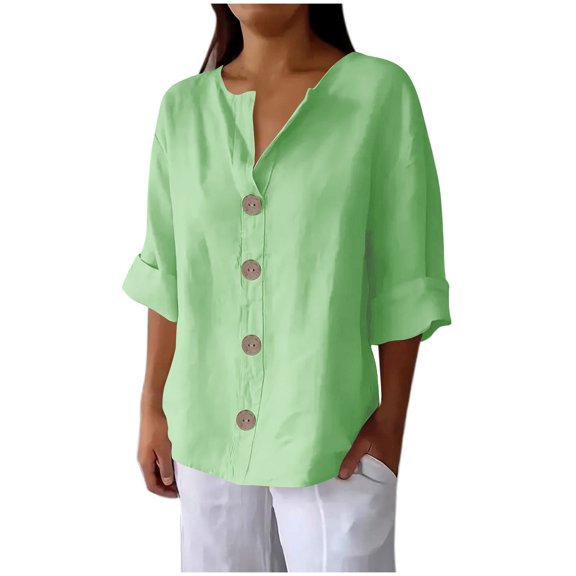Women's Linen Shirt Button Down V Neck Solid Blouse Roll Short Sleeves Casual Loose Fit Tunic Tops Summer T Shirts