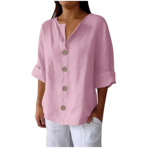 Women's Linen Shirt Button Down V Neck Solid Blouse Roll Short Sleeves Casual Loose Fit Tunic Tops Summer T Shirts