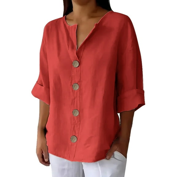 Women's Linen Shirt Button Down V Neck Solid Dressy Blouse 3/4 Sleeves Tunic Tops Red L