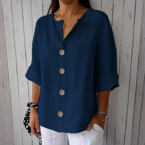 Women's Linen Shirt Button Down V Neck Solid Blouse 3/4 Sleeves Casual Loose Fit Tunic Tops Summer T Shirts Casual Button up Shirts for Women Dress Shirt for Women Long Half Sleeve Shirt Long Sleeved