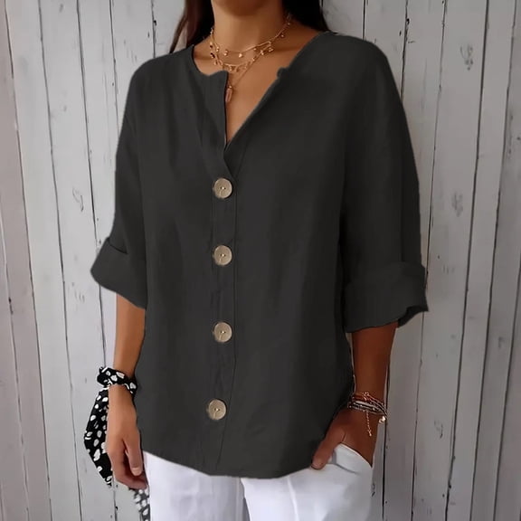 Women's Linen Shirt Button Down V Neck Solid Blouse 3/4 Sleeves Casual Loose Fit Tunic Tops Summer T Shirts Tops for Women Dressy Button Blouse Pants And Shirts for Women Women 3/4 Sleeve Tops And