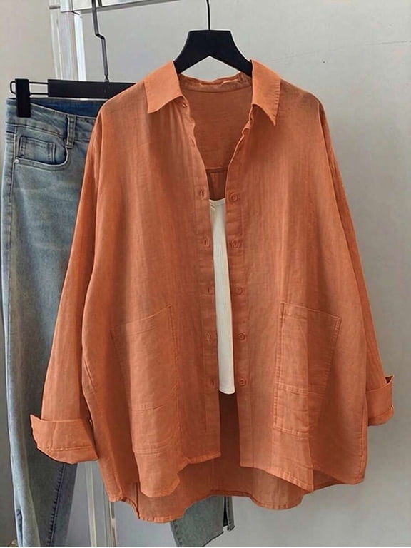 Women's Linen Shirt, Collared Button Down Long Sleeve Drop Shoulder Loose Blouse with Pockets, Casual Work Top