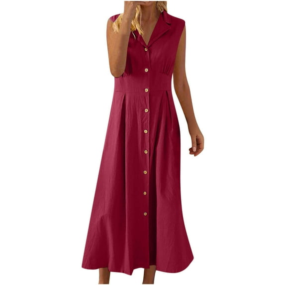 Women's Linen Shirt Dress: Summer Button-Down Midi Dress, Notch Neck Sleeveless Casual Beachwear