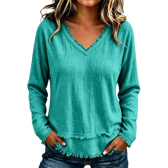 Women's Linen Shirt Fashion Casual V Neck Long Sleeve Blouse Loose Fit Tops Lightweight Soft Daily Wear Fall Winter Outfit by Yigetop Blackish Green L