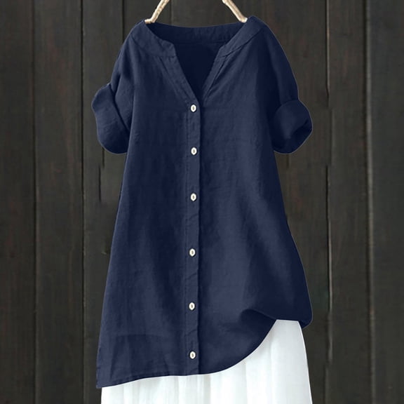 Women's Linen Shirt Large Size Short Sleeve V Neck Shirt Solid Color Fitted Dress Shirts for Women Rayon Tops for Women Womens Solid Color T Shirts Shirt Women Full Sleeve Shirts for Women Graphic T