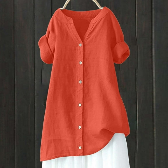 Women's Linen Shirt Large Size Short Sleeve V Neck Shirt Solid Color Fitted Dress Shirts for Women Rayon Tops for Women Womens Solid Color T Shirts Shirt Women Full Sleeve Shirts for Women Graphic T