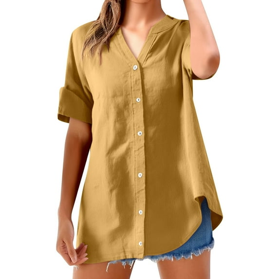 Women's Linen Shirt Large Size, Short Sleeve, V Neck, Solid Color Linen Blend, Elegant, Versatile