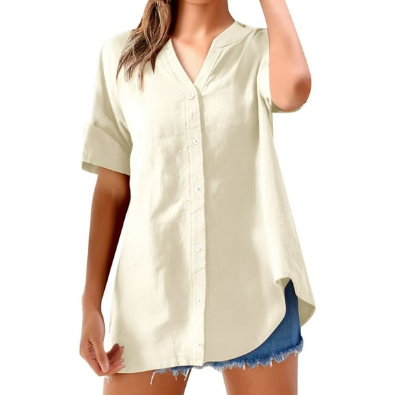 Women's Linen Shirt Large Size, Short Sleeve, V Neck, Solid Color Linen Blend, Elegant, Versatile