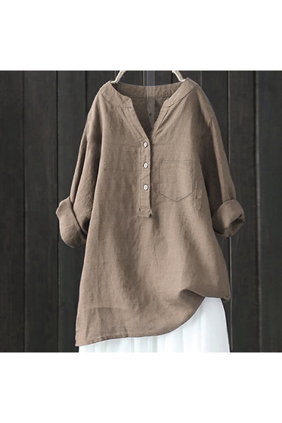 Women's Linen Shirt Long Sleeve Button Up Mandarin Collar Casual Blouse for Effortless Style and Comfort