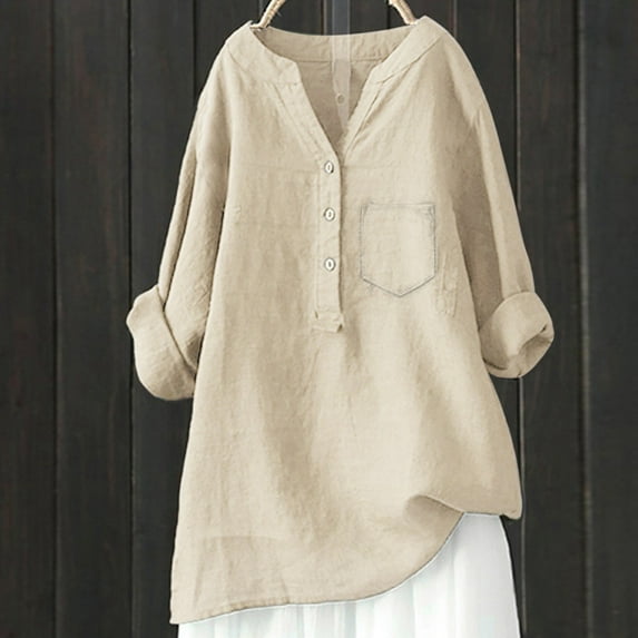 Women's Linen Shirt Long Sleeve Button Up Mandarin Collar Casual Blouse for Effortless Style and Comfort