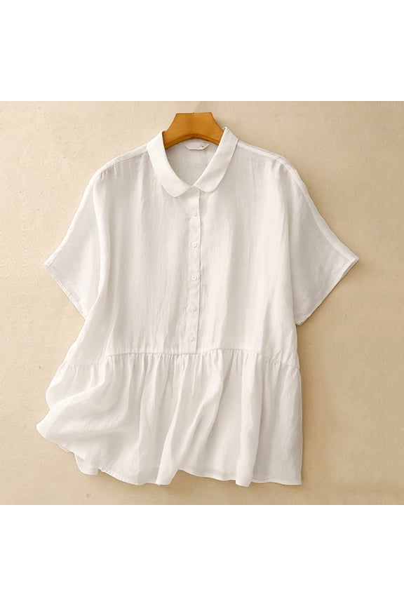 Women's Linen Shirt, Loose Fit V-Neck Short Sleeve Blouse, Soft Cotton Linen Blend Top for Summer