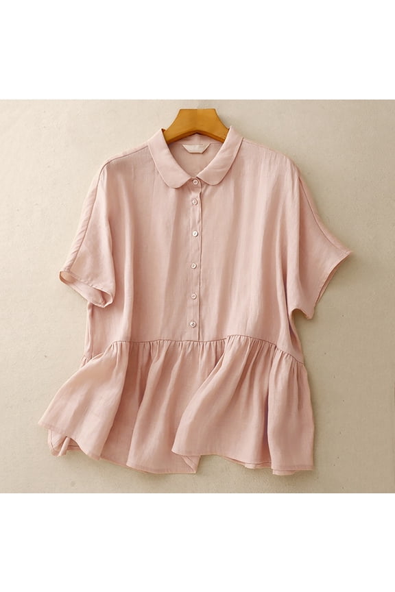 Women's Linen Shirt, Loose Fit V-Neck Short Sleeve Blouse, Soft Cotton Linen Blend Top for Summer