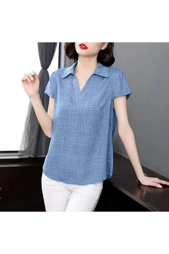 Women's Linen Shirt, Loose Fit V-Neck Short Sleeve Top, Casual Summer Tops for Women with Breathable Cotton Linen Blend
