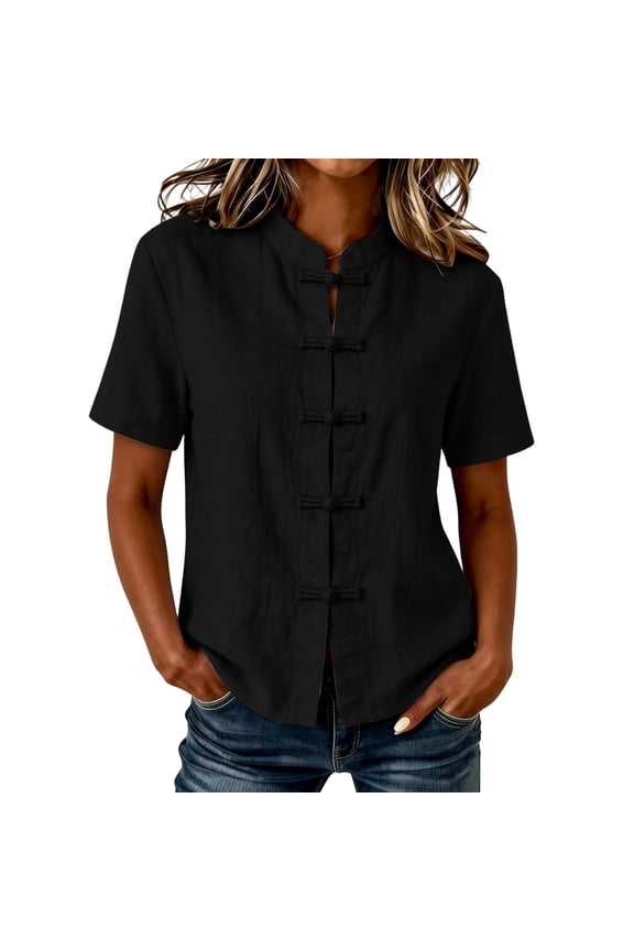 Women's Linen Shirt Retro Chinese Button Up Cheongsam Tops Short Sleeve Casual Travel Summer Blouses Loose Fit (L, Black)