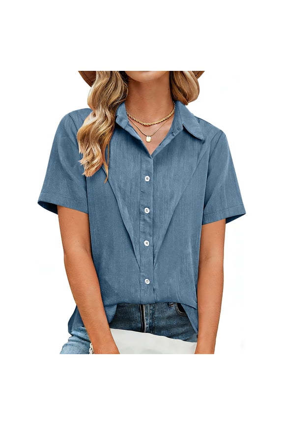 Women's Linen Shirt, Short Sleeve Casual Button Down Blouse, Oversized Solid Color Camp Shirt, Loose Fit Collared Top for Spring, Summer, Fall and Daily Wear Light Blue S