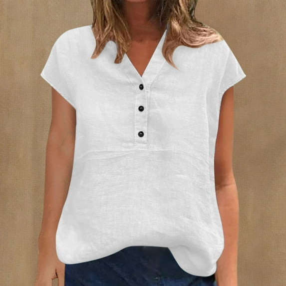 Women's Linen Shirt, Short Sleeve V-Neck Button-Down Top, Casual Solid Color Blouse Made of Cotton and Linen Blend for Everyday Comfort