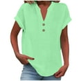 thumbnail image 1 of Women's Linen Shirt, Summer Tops for Women 2025 Trendy Short Sleeve Cotton Linen T-Shirts Casual Button up V-Neck Tunic Tshirts Blouses Tees, Style-Md1, G-Green-b, S, 1 of 6