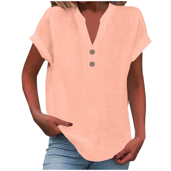 Women's Linen Shirt, Summer Tops for Women 2025 Trendy Short Sleeve Cotton Linen T-Shirts Casual Button up V-Neck Tunic Tshirts Blouses Tees, Style-Md1, G-Pinks, 3XL