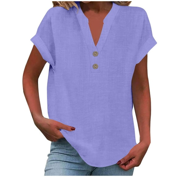Women's Linen Shirt, Summer Tops for Women 2025 Trendy Short Sleeve Cotton Linen T-Shirts Casual Button up V-Neck Tunic Tshirts Blouses Tees, Style-Md1, G-Purples, S
