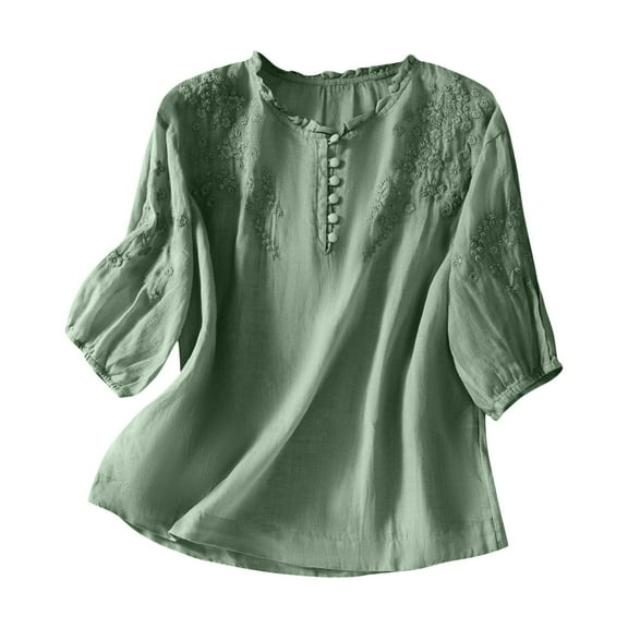 Women's Linen Shirts Boho Embroidery T-Shirt Elegant V Neck Lantern 3/4 Sleeve Tee Shirts Casual Loose Cotton Linen Lagenlook Going Out Blouses Pullover Top