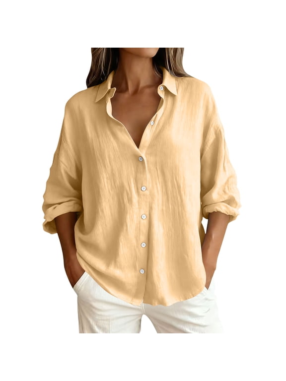 Women's Linen Shirts Button Down Long Sleeve Blouses Loose Cotton Linen Tunic Tops Turndown Collar Casual Shirt Summer Plain Baggy T-Shirt