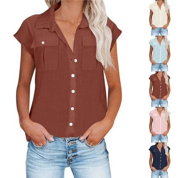 Women's Linen Shirts Button Down Oversized Tops Solid Color Casual T-Shirts Short Sleeve Lapel Blouses Casual Office Work Top with Pockets Plus Size