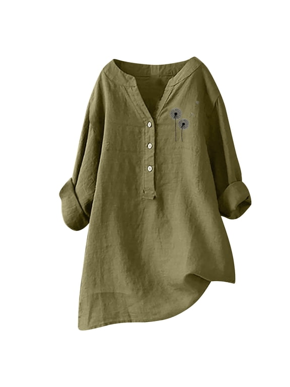 Women's Linen Shirts Button Down Shirts Spring Summer Holiday Tops Dress Shirts V Neck Button Tops Gauze Tops Lightweight Work Blouses Casual Tunic Tops Roll Up Long Sleeve Shirt Business Tops