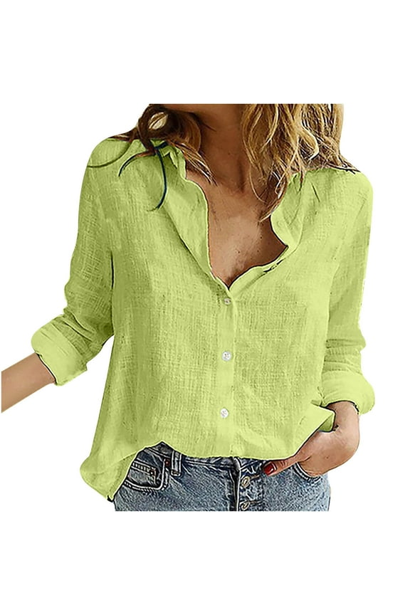 Women's Linen Shirts Comfy V Neck Button Down Shirts Plus Size Casual Roll Up Long Sleeve Tops Blouses