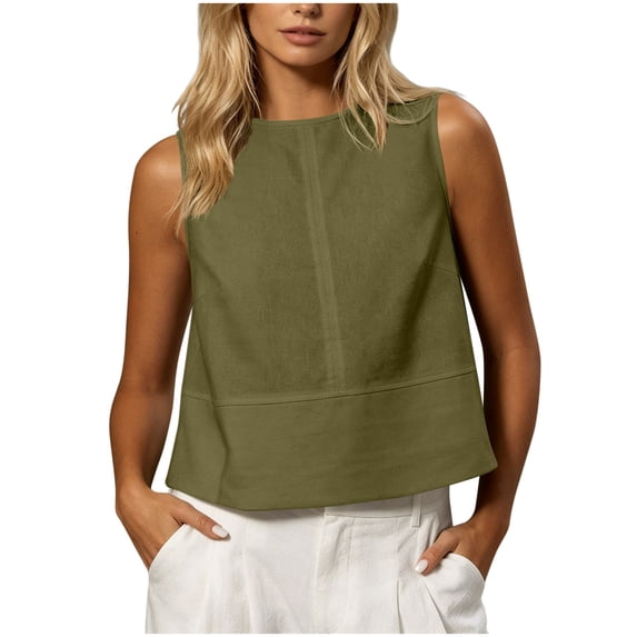 Women's Linen Shirts Dressy Tops Summer Crop Tank Tops Crew Neck Sleeveless Blouse Dressy Casual Loose Fit Work Shirts