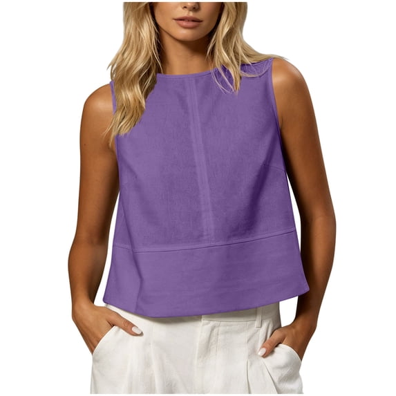 Women's Linen Shirts Dressy Tops Summer Crop Tank Tops Crew Neck Sleeveless Blouse Dressy Casual Loose Fit Work Shirts