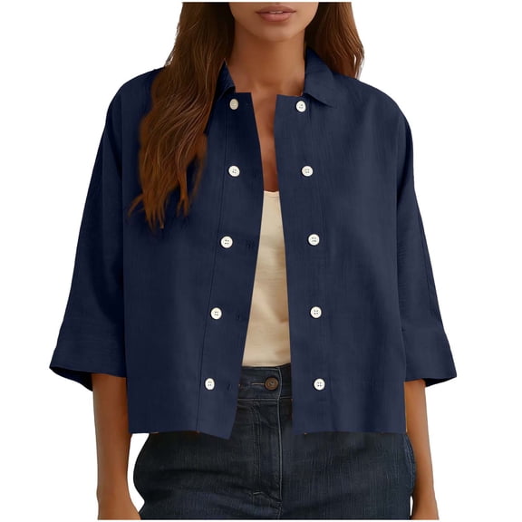 Women's Linen Shirts Fashion Double Button Cardigans Half Sleeve Mid Short Shirt Spring Summer Solid Lapel Cotton Linen Tops