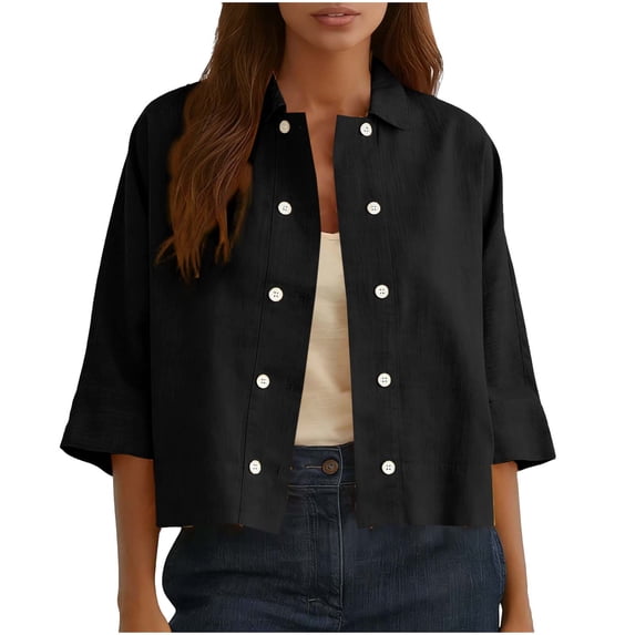 Women's Linen Shirts Fashion Double Button Cardigans Half Sleeve Mid Short Shirt Spring Summer Solid Lapel Cotton Linen Tops