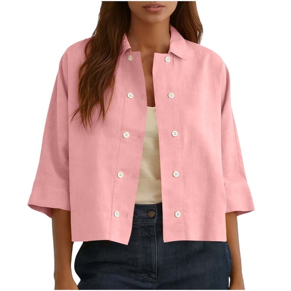 Women's Linen Shirts Fashion Double Button Cardigans Half Sleeve Mid Short Shirt Spring Summer Solid Lapel Cotton Linen Tops
