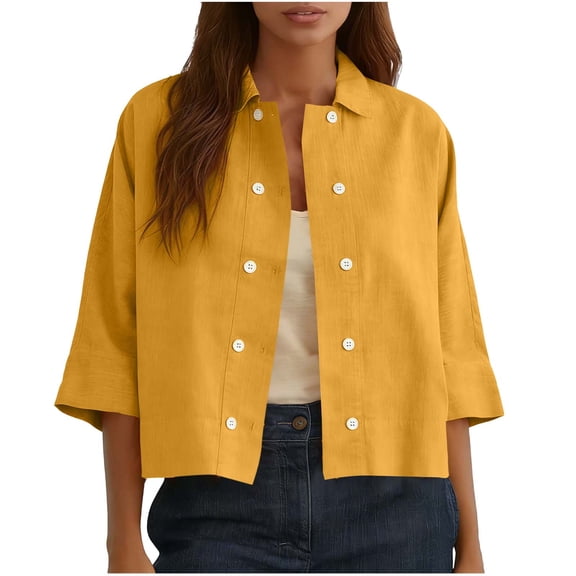Women's Linen Shirts Fashion Double Button Cardigans Half Sleeve Mid Short Shirt Spring Summer Solid Lapel Cotton Linen Tops