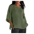 thumbnail image 1 of Women's Linen Shirts Fashion Oversized Cotton Linen Top Summer Loose Round Neck Leisure Three-Quarter Sleeve Blouses Solid Color Pullover Top Plus Size, 1 of 5