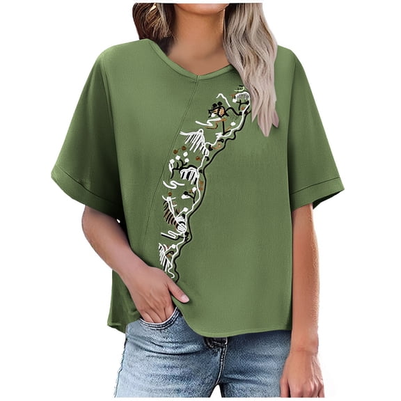 Women's Linen Shirts Plus Size Loose V-Neck Tops Solid Color Imitation Cotton Linen T-Shirt Summer Short Sleeve Print Shirt Casual Large Blouses Pullover Tops
