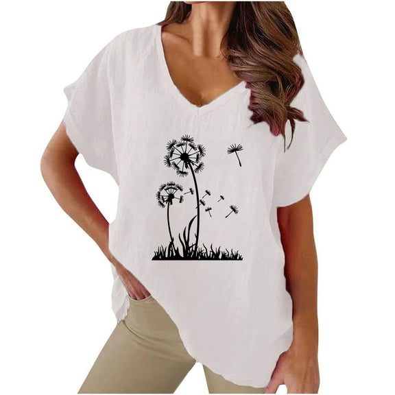 Women's Linen Shirts Plus Size V Neck Short Sleeve T-Shirt Dandelion Floral TShirt Casual Loose Cotton Lagenlook Blouses Fashion Comfortable Oversized Pullover Tops