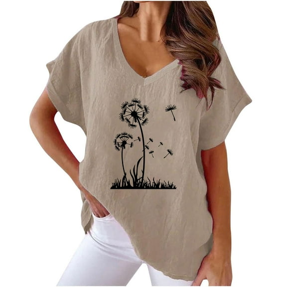 Women's Linen Shirts Plus Size V Neck Short Sleeve T-Shirt Dandelion Floral TShirt Casual Loose Cotton Lagenlook Blouses Fashion Comfortable Oversized Pullover Tops