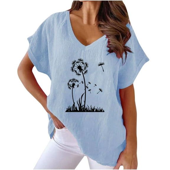 Women's Linen Shirts Plus Size V Neck Short Sleeve T-Shirt Dandelion Floral TShirt Casual Loose Cotton Lagenlook Blouses Fashion Comfortable Oversized Pullover Tops