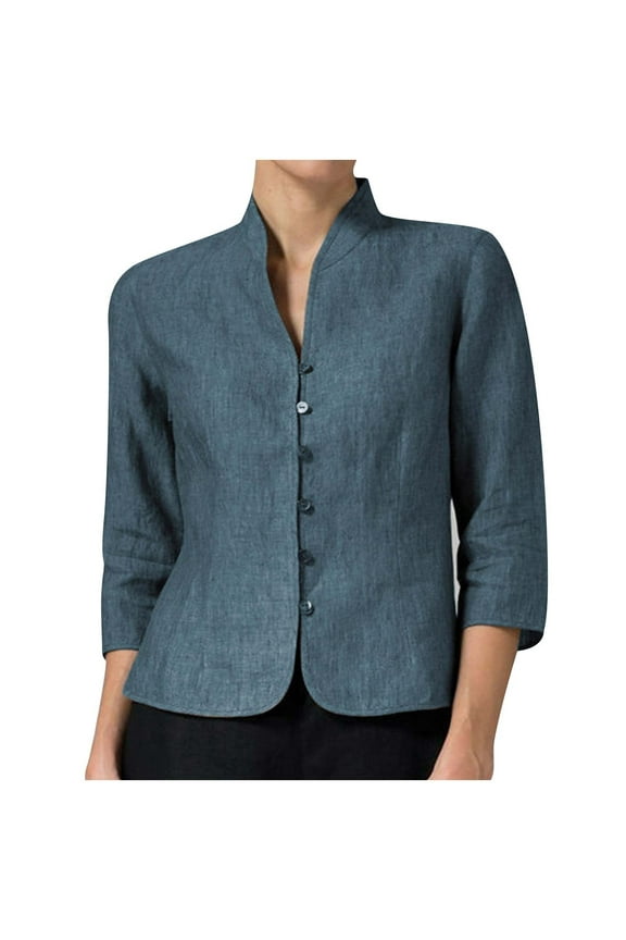 Women's Linen Shirts Retro Mandarin Collar Chinese Frog Button 3/4 Sleeve Button Down Blouse Tops