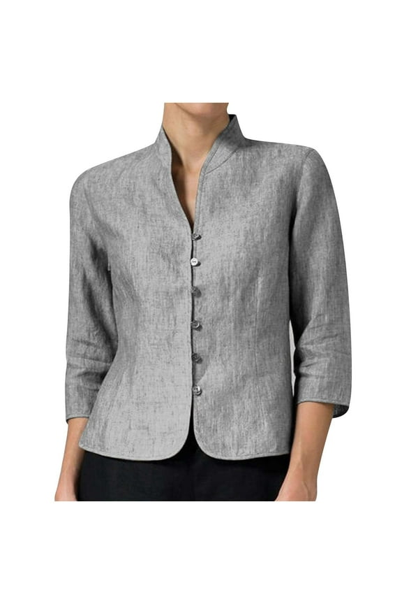 Women's Linen Shirts Retro Mandarin Collar Chinese Frog Button 3/4 Sleeve Button Down Blouse Tops