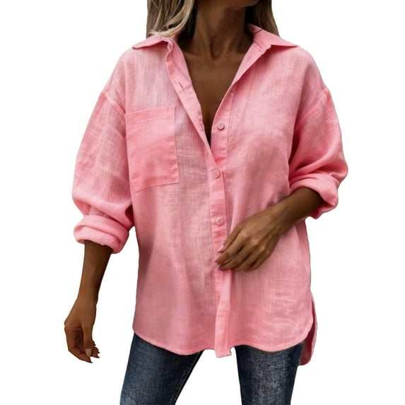 Women's Linen Shirts Solid Color Stand Collar Button Up Loose Casual Long Sleeve Shirt Long Sleeve Shirts for Women
